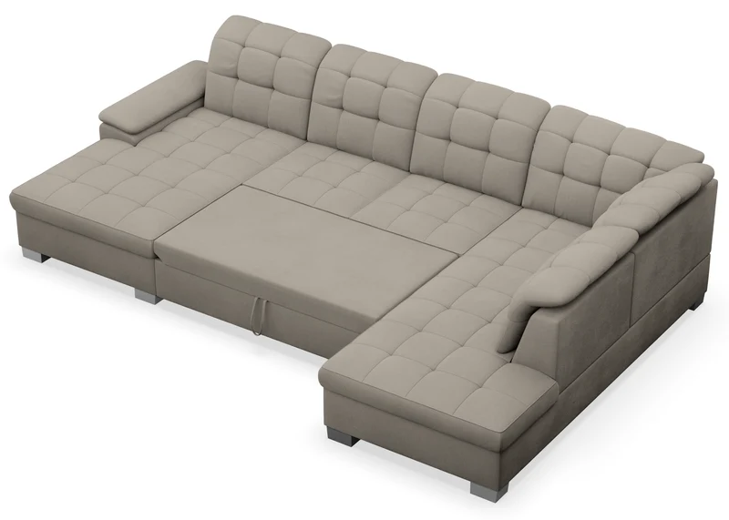 Ecksofa mit Schlaffunktion Jamaal U-förmig linksseitig mit Stauraum in grau-beigem Flechtmuster
