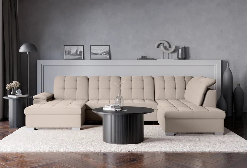 Ecksofa mit Schlaffunktion Jamaal U-förmig linksseitig mit Stauraum beige Geflecht