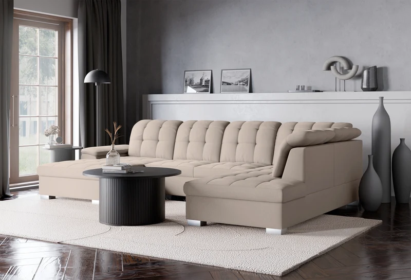 Ecksofa mit Schlaffunktion Jamaal U-förmig linksseitig mit Stauraum beige Geflecht