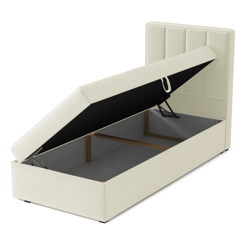 Kontinentales Bett 90x200 cm Rinus mit Stauraum, cremefarbener Velours, wasserabweisend, linksseitig