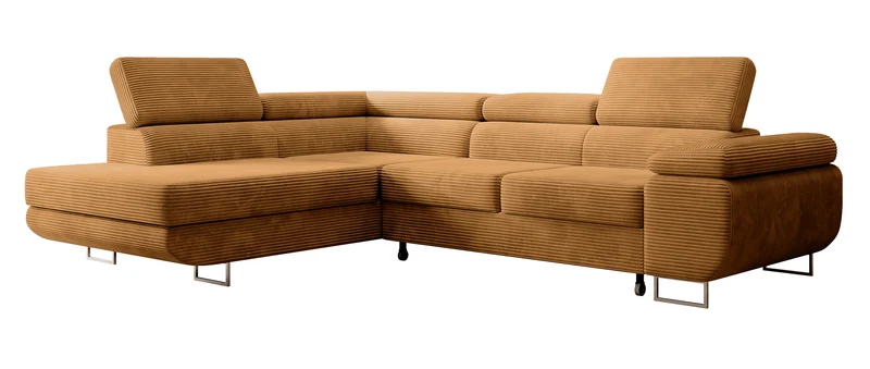 Ecksofa mit Schlafunktion Stevil, L-förmig, mit Stauraum, senfgelber Cordstoff, linksseitig