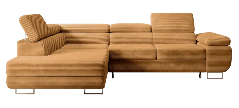 Ecksofa mit Schlafunktion Stevil, L-förmig, mit Stauraum, senfgelber Cordstoff, linksseitig