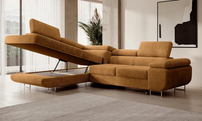 Ecksofa mit Schlafunktion Stevil, L-förmig, mit Stauraum, senfgelber Cordstoff, linksseitig