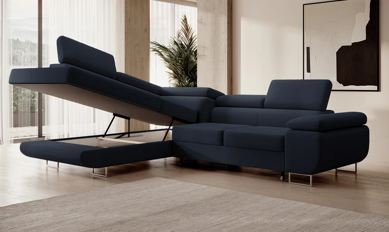 Ecksofa mit Schlaffunktion Stevil, L-förmig, mit Stauraum, marineblauer, leicht zu reinigender Samt, linksseitig