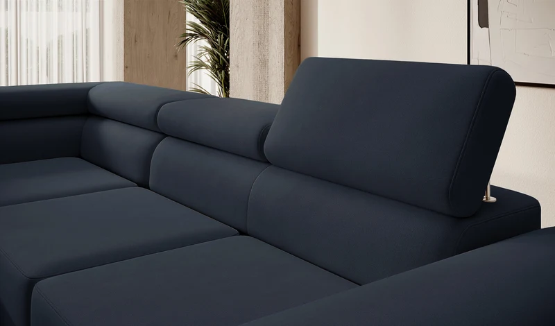 Ecksofa mit Schlaffunktion Stevil, L-förmig, mit Stauraum, marineblauer, leicht zu reinigender Samt, linksseitig