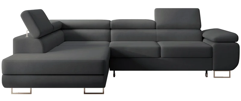 Ecksofa mit Schlafunktion Stevil, L-förmig, mit Stauraum, dunkelgrauer, pflegeleichter Samt, linksseitig