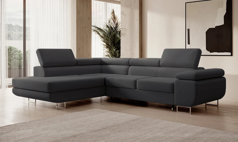Ecksofa mit Schlafunktion Stevil, L-förmig, mit Stauraum, dunkelgrauer, pflegeleichter Samt, linksseitig