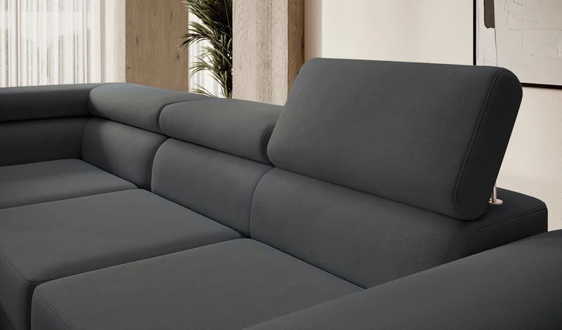 Ecksofa mit Schlafunktion Stevil, L-förmig, mit Stauraum, dunkelgrauer, pflegeleichter Samt, linksseitig