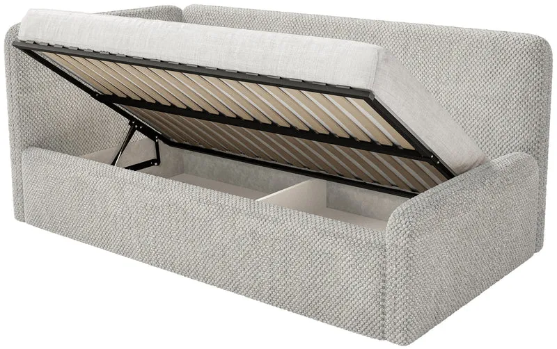 Jugendbett 120x200 cm Fanklo linksseitig mit Stauraum und Geländern, grau-beiges Plüsch, wasserabweisend
