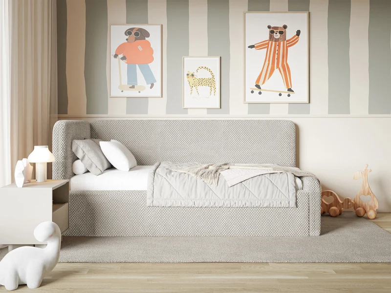 Jugendbett 120x200 cm Fanklo linksseitig mit Stauraum und Geländern, grau-beiges Plüsch, wasserabweisend