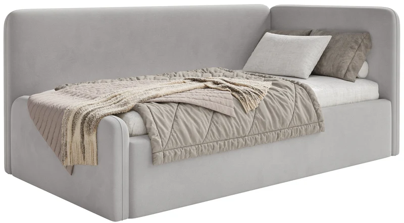 Jugendbett 120x200 cm Fanklo rechtsseitig mit Matratze, Stauraum und hellgrauen, wasserabweisenden, pflegeleichten Samt-Gittern