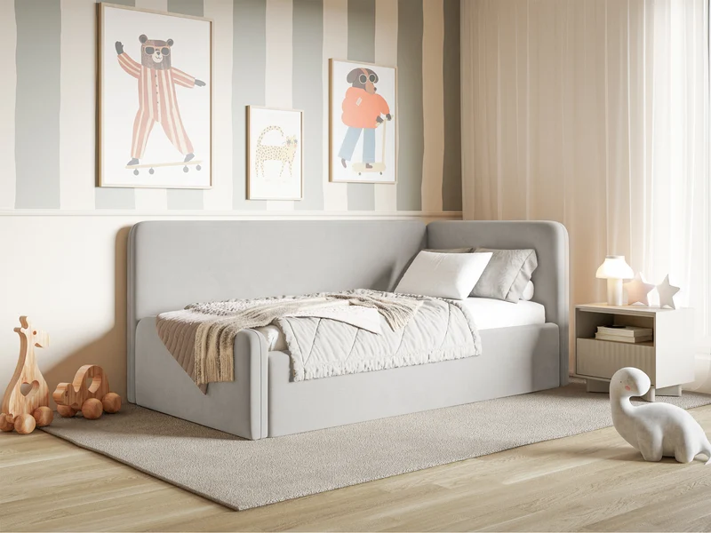 Jugendbett 120x200 cm Fanklo rechtsseitig mit Matratze, Stauraum und hellgrauen, wasserabweisenden, pflegeleichten Samt-Gittern