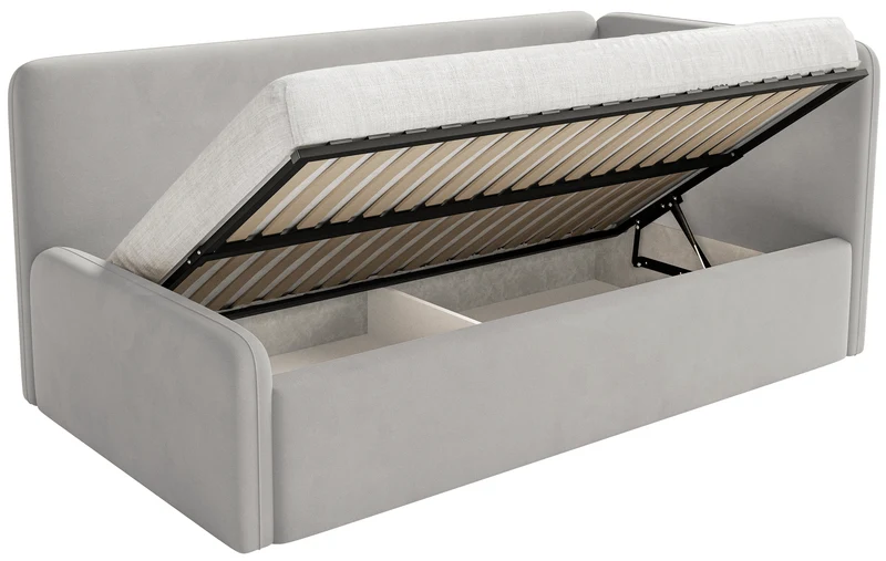 Jugendbett 120x200 cm Fanklo rechtsseitig mit Matratze, Stauraum und hellgrauen, wasserabweisenden, pflegeleichten Samt-Gittern