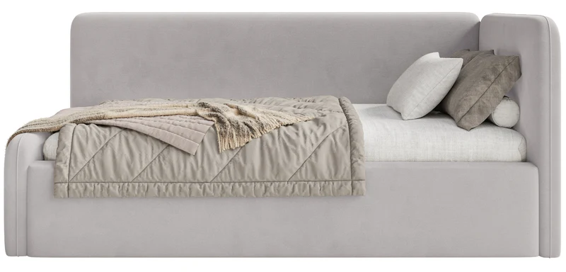 Jugendbett 120x200 cm Fanklo rechtsseitig mit Matratze, Stauraum und hellgrauen, wasserabweisenden, pflegeleichten Samt-Gittern