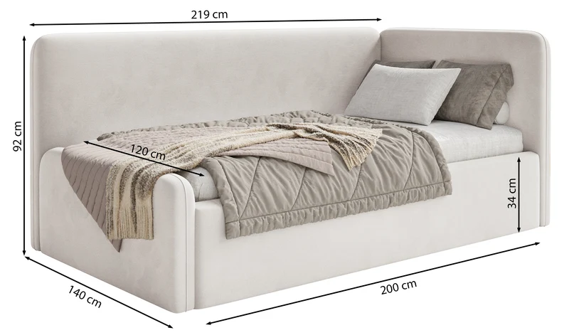 Jugendbett 120x200 cm Fanklo rechtsseitig mit Stauraum, violetter Samt, wasserabweisend und leicht zu reinigen