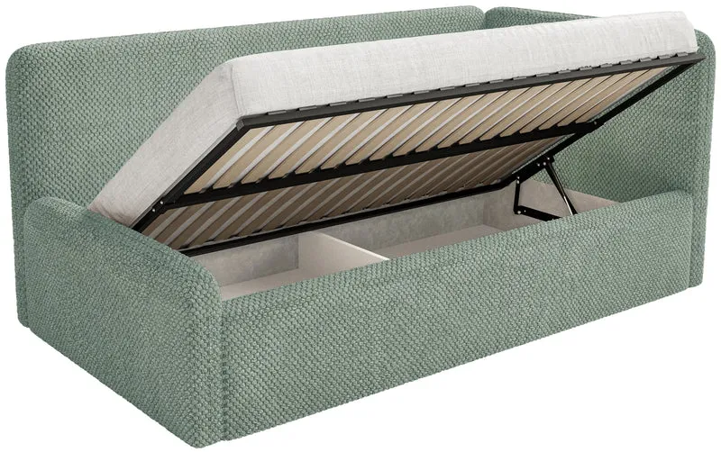Jugendbett 120x200 cm Fanklo rechtsseitig mit Matratze, Stauraum und Seitengittern, salbeigrüner Plüsch, wasserabweisend