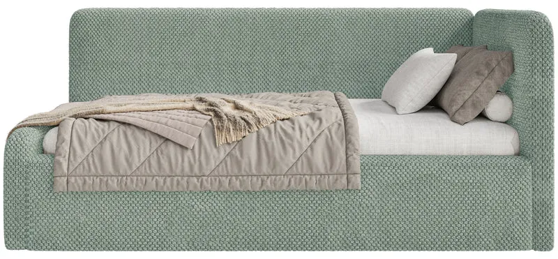 Jugendbett 120x200 cm Fanklo rechtsseitig mit Matratze, Stauraum und Seitengittern, salbeigrüner Plüsch, wasserabweisend