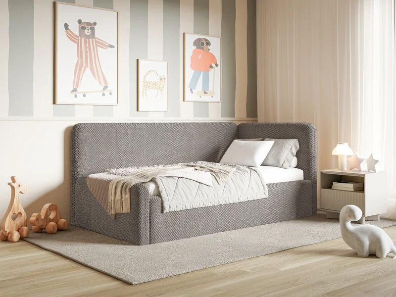 Jugendbett 120x200 cm Fanklo rechtsseitig mit Stauraum und Schutzgittern, grau-brauner Plüsch, wasserabweisend