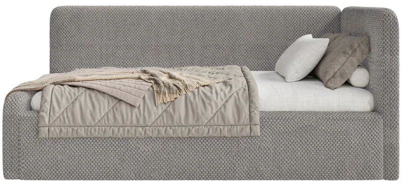 Jugendbett 120x200 cm Fanklo rechtsseitig mit Stauraum und Schutzgittern, grau-brauner Plüsch, wasserabweisend
