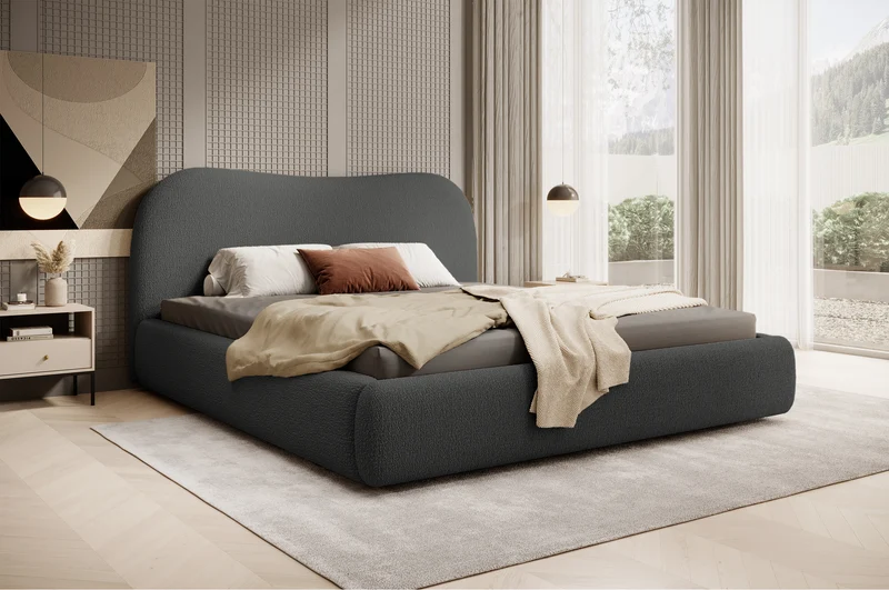 Gepolstertes Simsalo-Bett 180x200 cm mit Stauraum, grafitfarbenes Bouclé