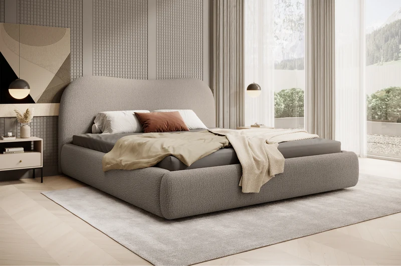Polsterbett Simsalo 180x200 cm mit Stauraum, dunkelbeige Bouclé
