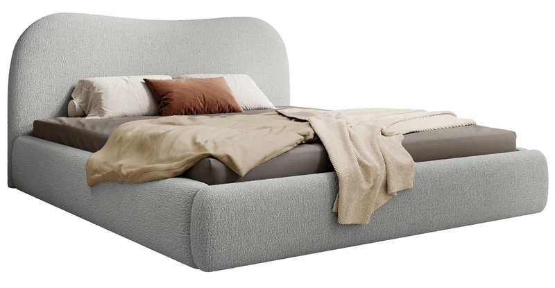 Gepolstertes Simsalo Bett 180x200 cm mit Stauraum, grauer Bouclé-Stoff