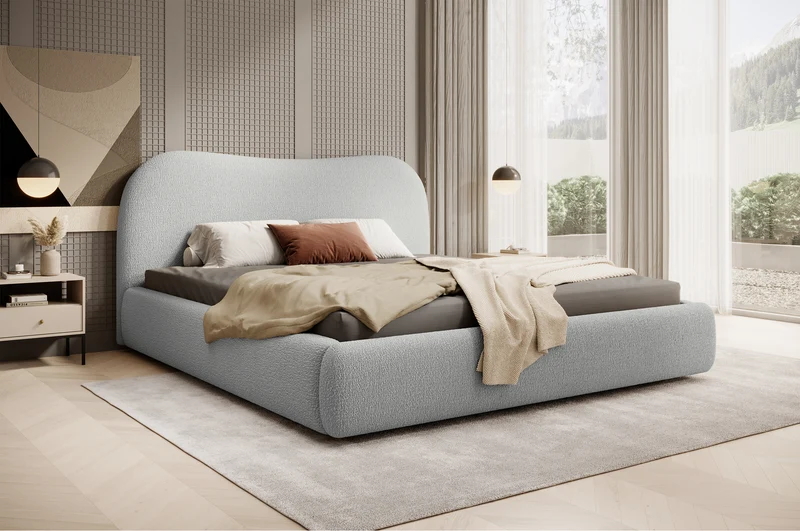 Gepolstertes Simsalo Bett 180x200 cm mit Stauraum, grauer Bouclé-Stoff