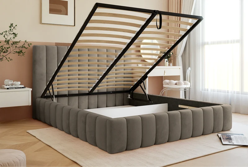 Polsterbett 160x200 cm Fiarro mit Bettkasten, grau-beiges Samtvelours, Metallrahmen