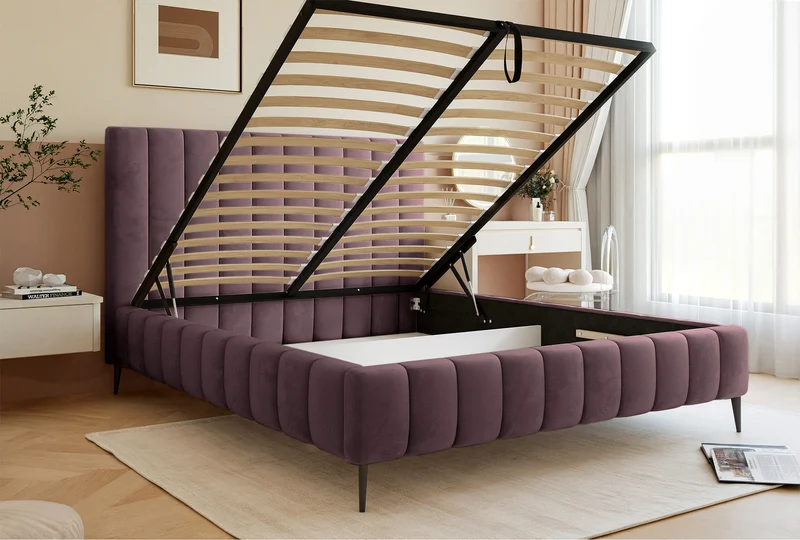 Polsterbett 180x200 cm Fiarro mit Bettkasten, violetter Samtbezug, Metallrahmen auf hohen Beinen