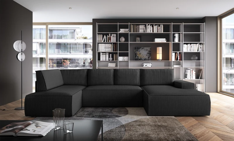 Ecksofa mit Schlaffunktion Farese New U-förmig mit Stauraum, rechtsseitig, schwarz Cord