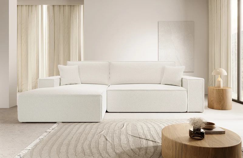 Ecksofa mit Schlaffunktion Farese New, L-förmig, mit Stauraum, cremefarbenes Bouclé, linksseitig