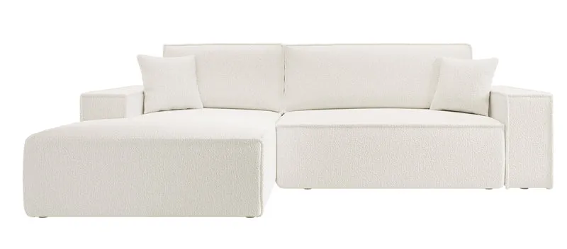 Ecksofa mit Schlaffunktion Farese New, L-förmig, mit Stauraum, cremefarbenes Bouclé, linksseitig