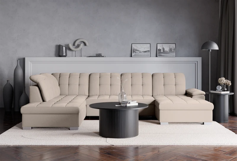 Ecksofa mit Schlaffunktion Jamaal U-förmig, rechtsseitig mit Stauraum, beige Flechtoptik