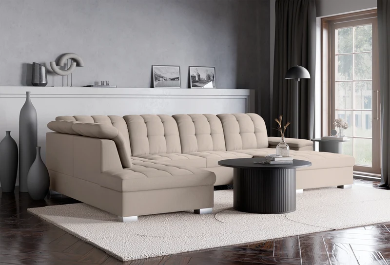 Ecksofa mit Schlaffunktion Jamaal U-förmig, rechtsseitig mit Stauraum, beige Flechtoptik
