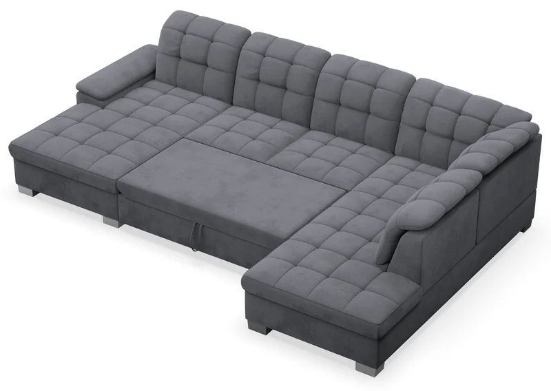 Ecksofa mit Schlafunktion Jamaal U-förmig linksseitig mit Stauraum dunkelgrauer hydrophober Samt