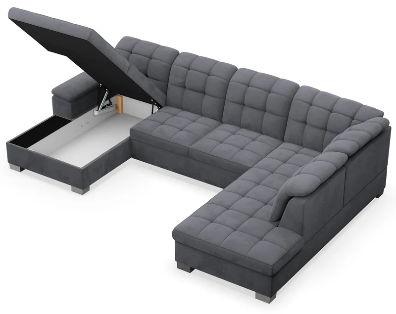 Ecksofa mit Schlafunktion Jamaal U-förmig linksseitig mit Stauraum dunkelgrauer hydrophober Samt