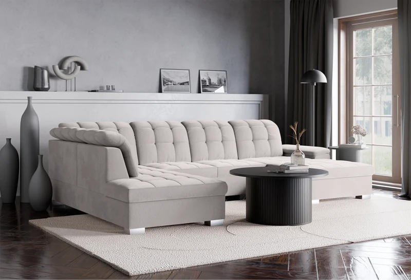 Ecksofa mit Schlaffunktion Jamaal, U-förmig, rechtsseitig, mit Stauraum, hellgrauer hydrophober Samt