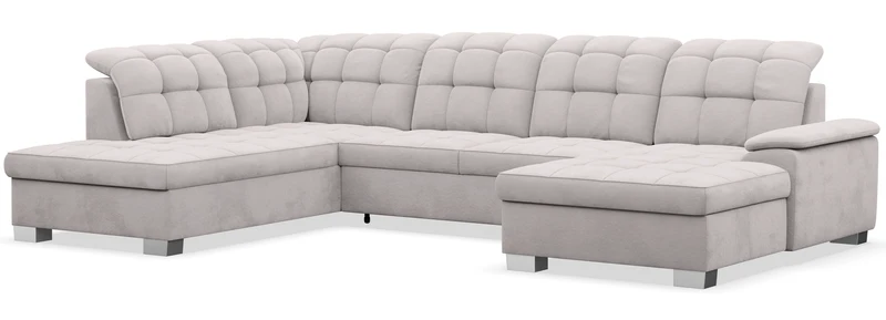 Ecksofa mit Schlaffunktion Jamaal, U-förmig, rechtsseitig, mit Stauraum, hellgrauer hydrophober Samt