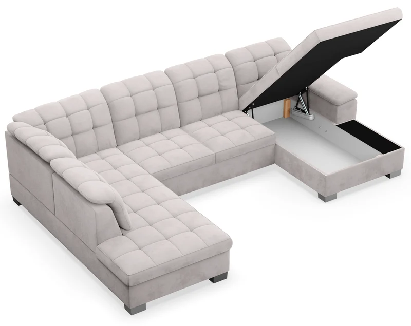Ecksofa mit Schlaffunktion Jamaal, U-förmig, rechtsseitig, mit Stauraum, hellgrauer hydrophober Samt