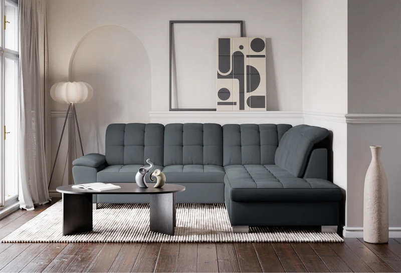 Ecksofa mit Schlaffunktion Jamaal, L-förmig, rechtsseitig, mit Stauraum, dunkelgraues Geflecht