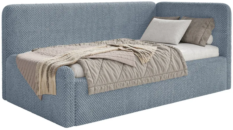 Jugendbett 120x200 cm Fanklo rechtsseitig mit Matratze und Stauraum, blau, hydrophobes Plüsch