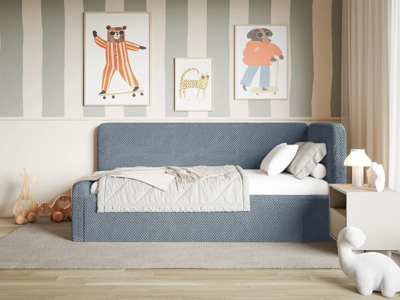 Jugendbett 120x200 cm Fanklo rechtsseitig mit Matratze und Stauraum, blau, hydrophobes Plüsch