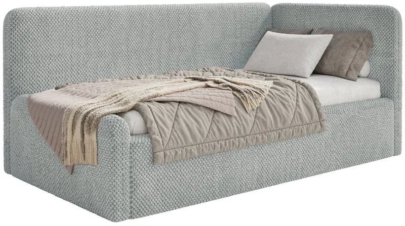 Jugendbett 120x200 cm Fanklo rechtsseitig mit Stauraum und grauen, wasserabweisenden Plüschgeländern
