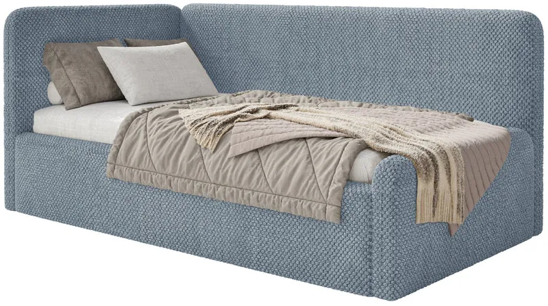 Jugendbett 120x200 cm Fanklo linksseitig mit Stauraum und blauen Plüsch-Hydrophob-Gittern