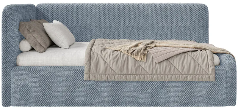 Jugendbett 120x200 cm Fanklo linksseitig mit Stauraum und blauen Plüsch-Hydrophob-Gittern