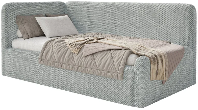 Jugendbett 120x200 cm Fanklo linksseitig mit Matratze, Stauraum und grauen Plüsch-Hydrophob-Seitenleisten