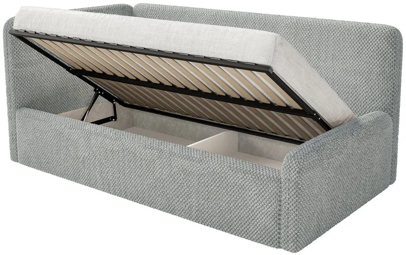 Jugendbett 120x200 cm Fanklo linksseitig mit Matratze, Stauraum und grauen Plüsch-Hydrophob-Seitenleisten