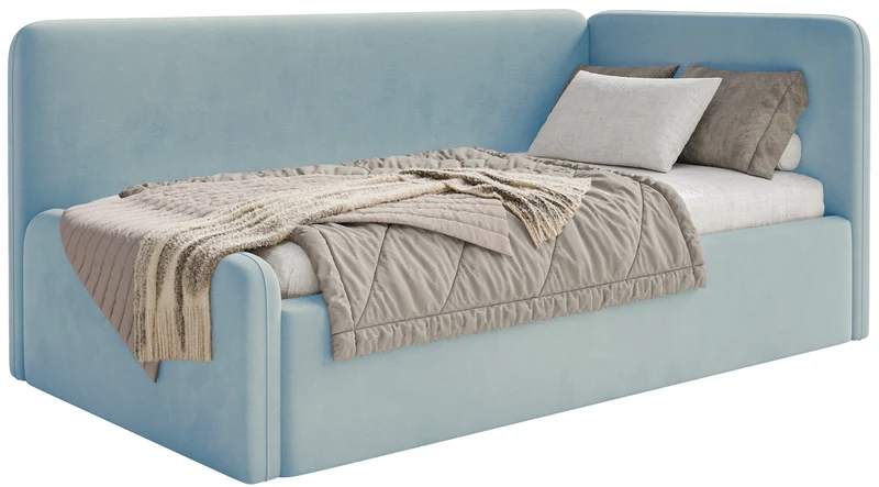 Jugendbett 120x200 cm Fanklo rechtsseitig mit Matratze, Stauraum und blauen, wasserabweisenden, leicht zu reinigenden Samtgeländern