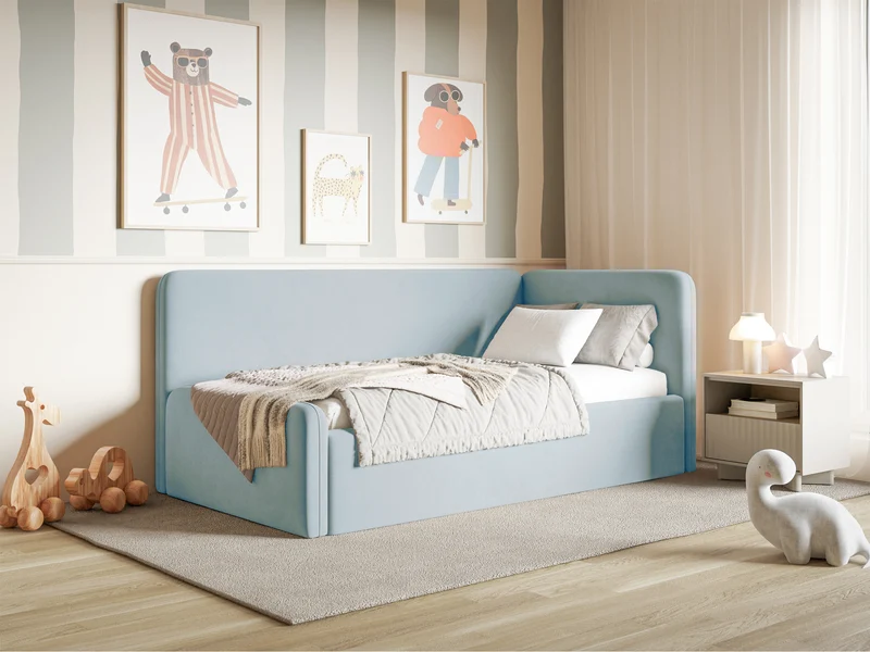 Jugendbett 120x200 cm Fanklo rechtsseitig mit Matratze, Stauraum und blauen, wasserabweisenden, leicht zu reinigenden Samtgeländern