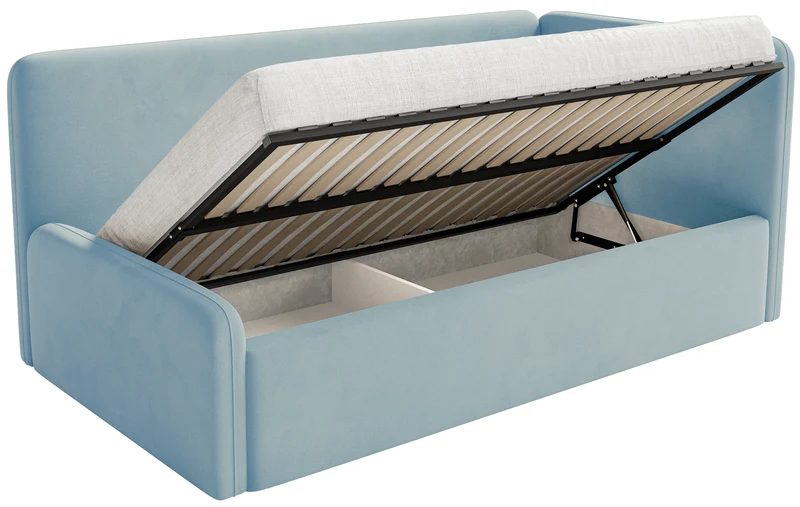 Jugendbett 120x200 cm Fanklo rechtsseitig mit Matratze, Stauraum und blauen, wasserabweisenden, leicht zu reinigenden Samtgeländern